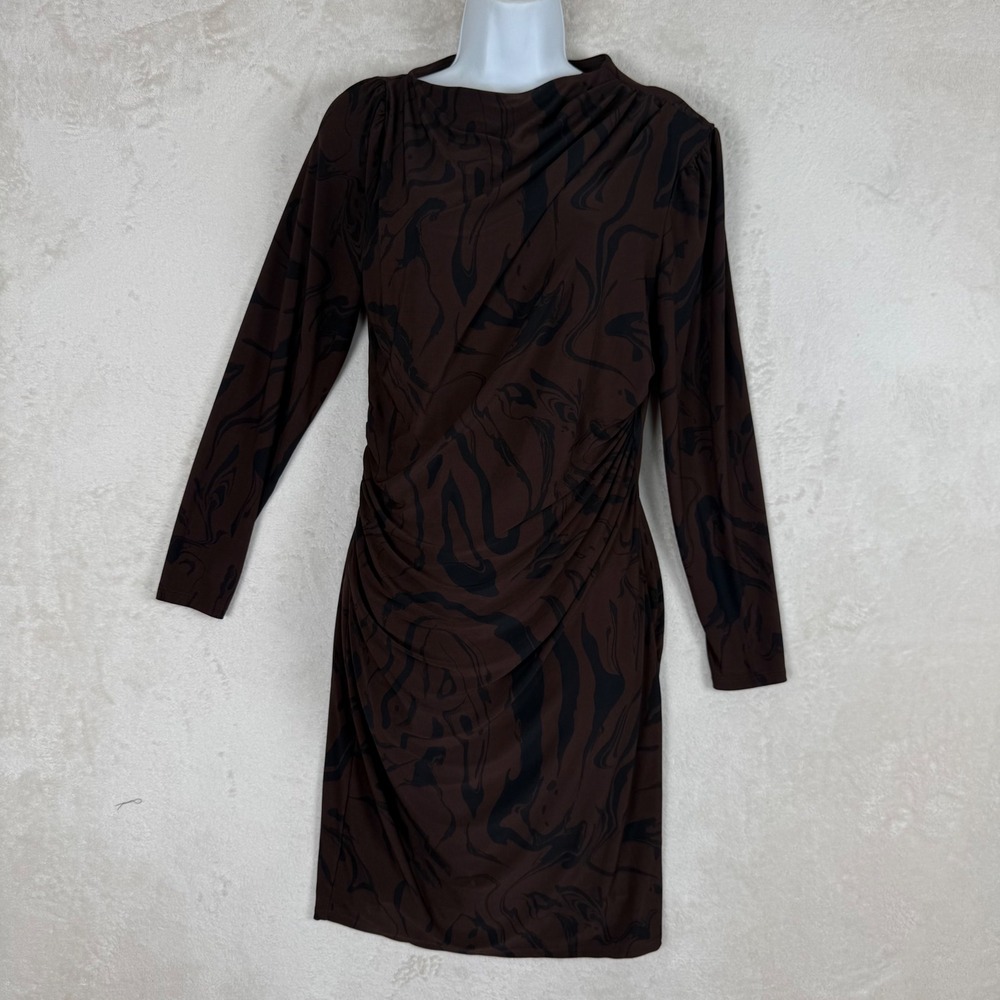Express Womens Brown Marble Print Ruched Long Sleeve Bodycon Dress Size M